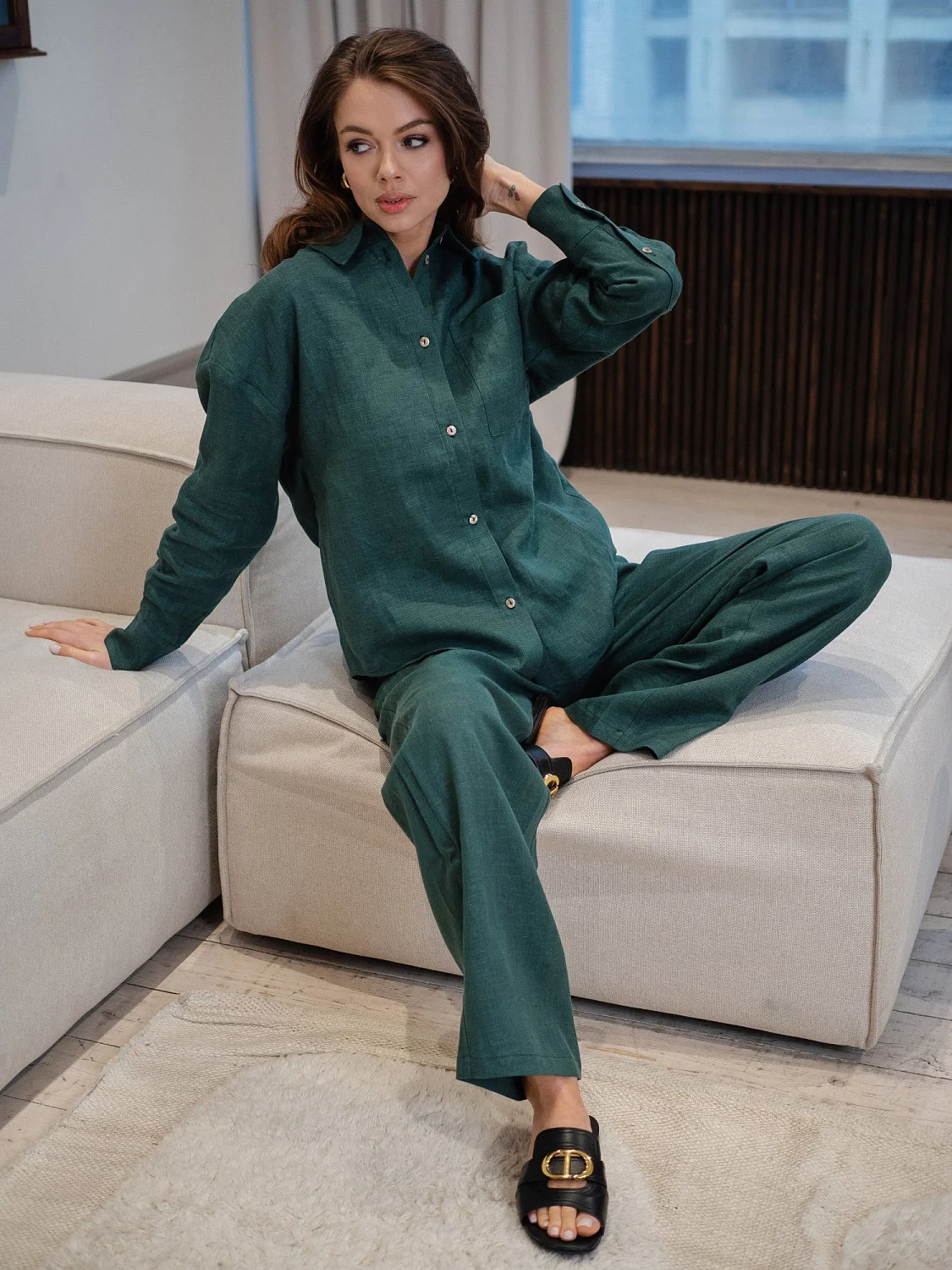 Брюки  из льна цвет Изумруд Брюки  из льна цвет Изумруд